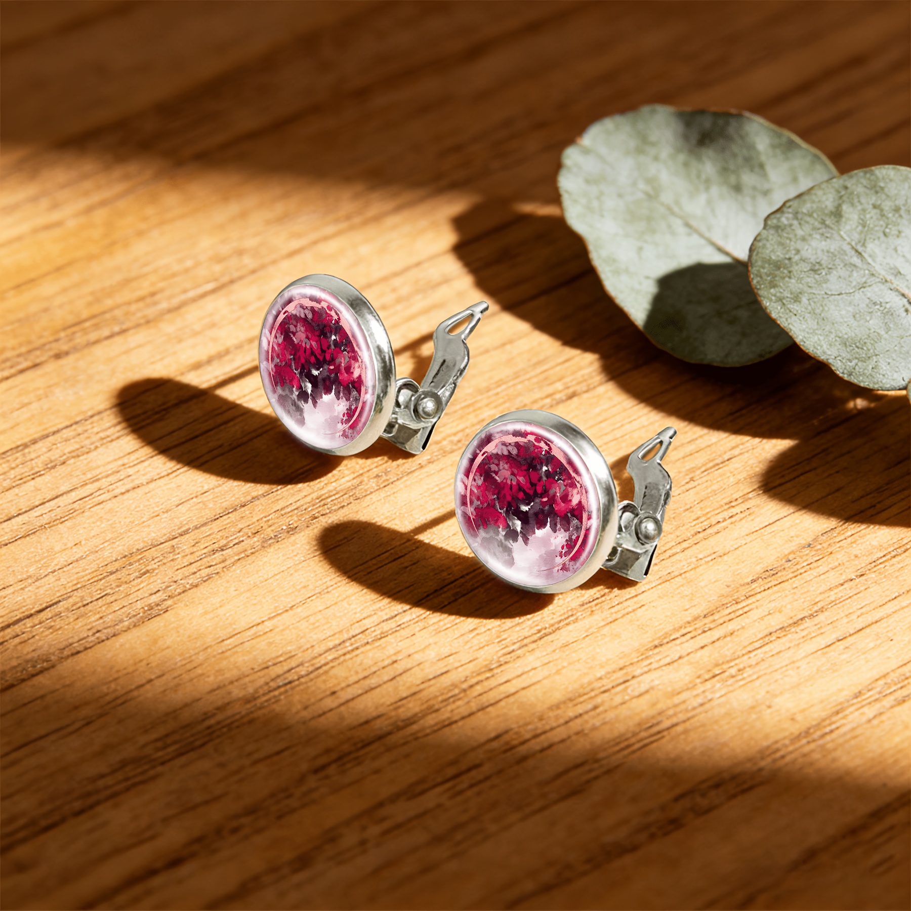2pc Artistic No-Pierced Round Glass Earrings Set, Red Abstract Design